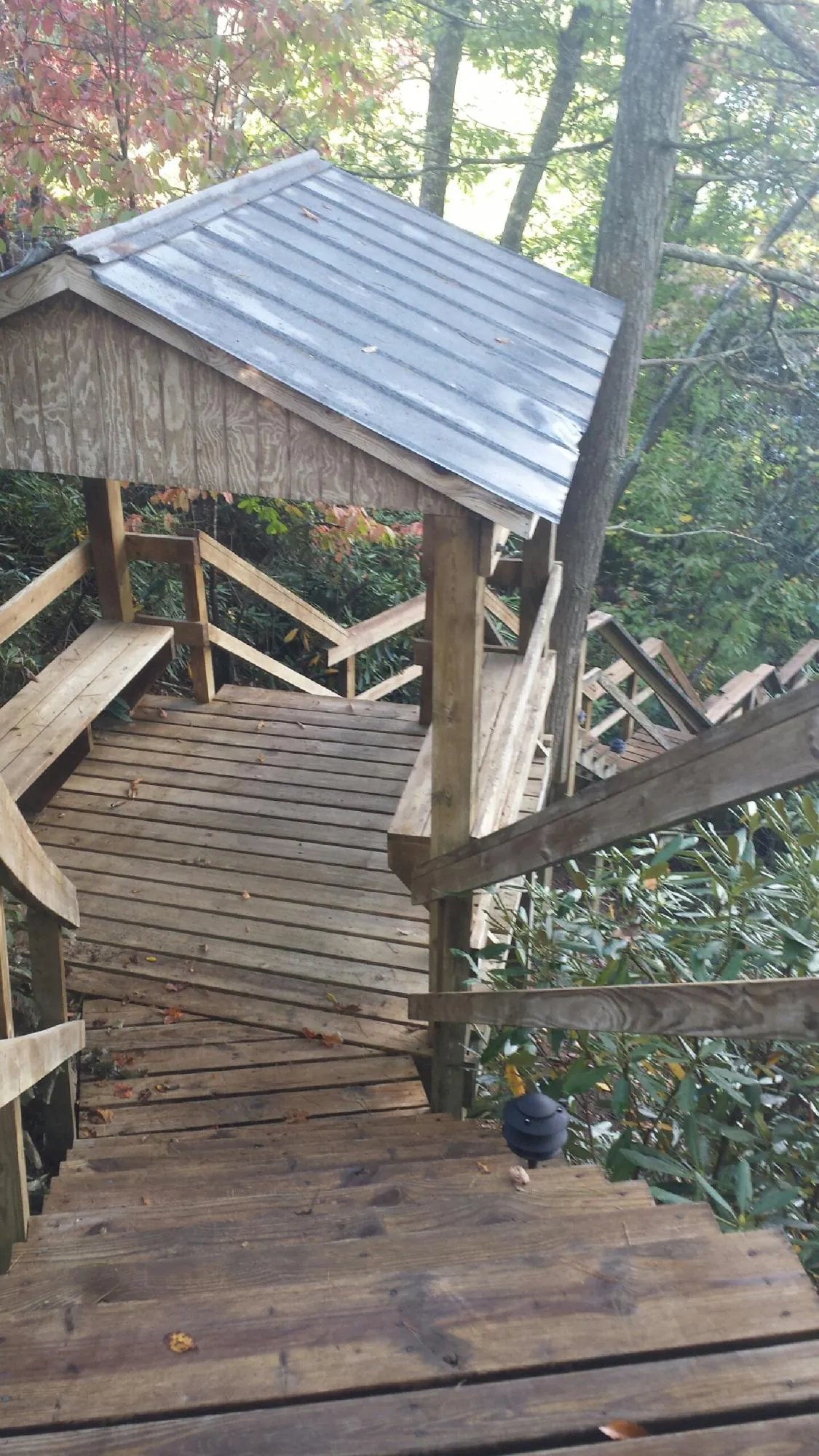 Metal roofed shelter over wooden steps on a wooded walkway — Skylight Repair & Installation work by our crew in Ballwin